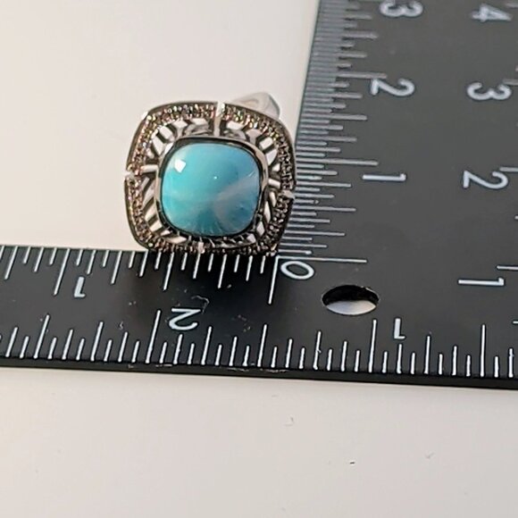 Marahlago Larimar Rhodium Plated Silver Ring Cushion-Cut Stone & Topaz - Picture 11 of 13